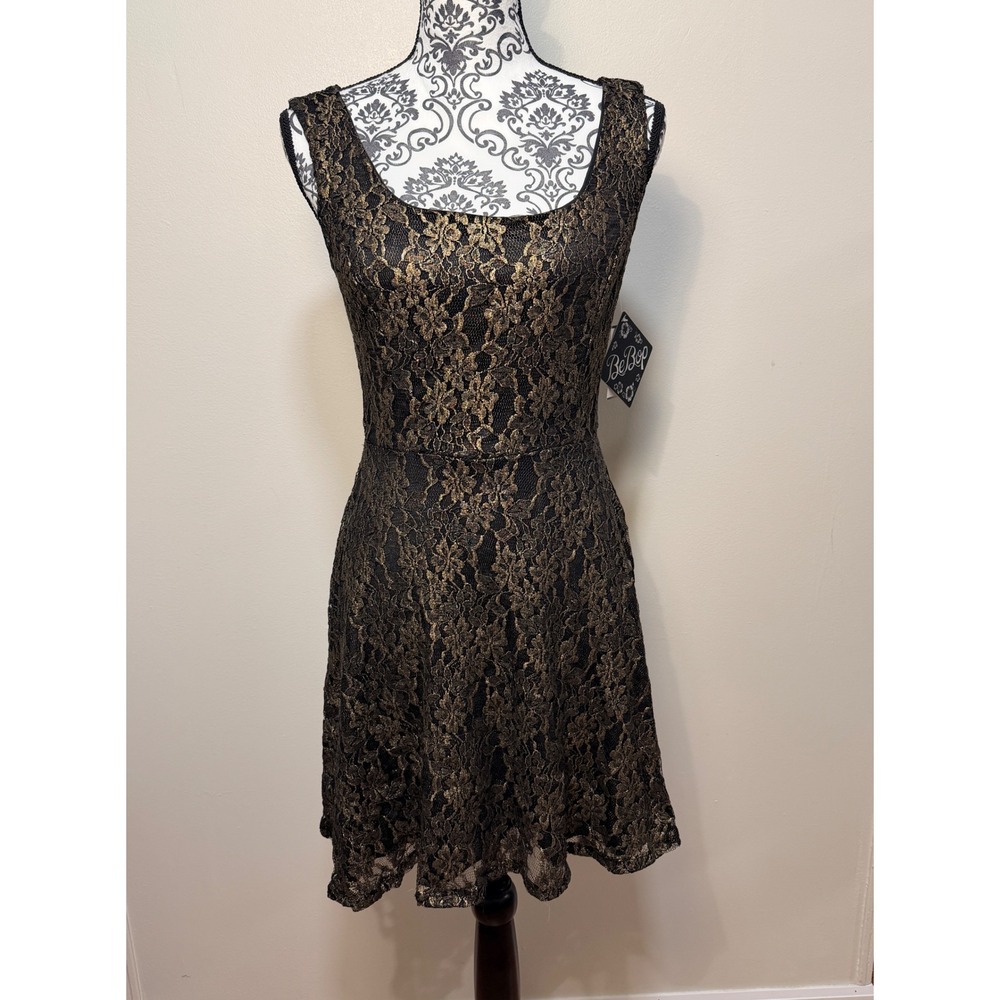 Whismigoth Dary Fairy Skater Dress Size M Gold Black Metallic Floral Lace Fall